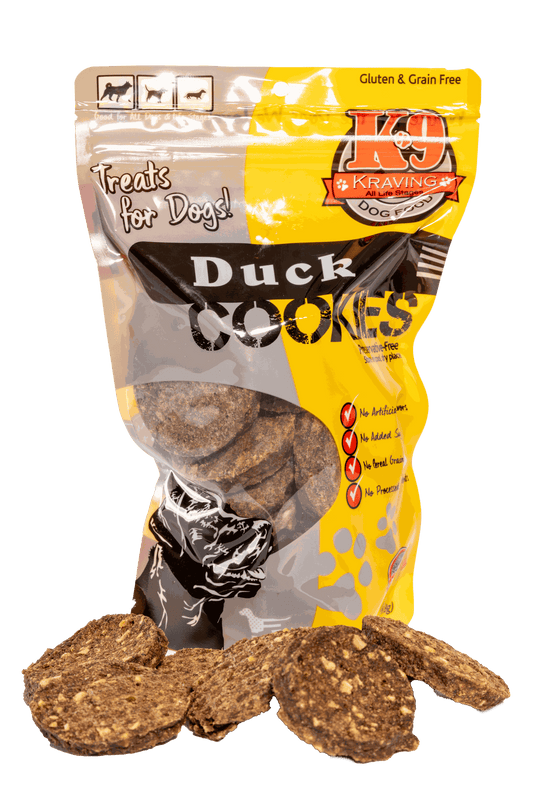 Duck K-9 Cookies dog treat bag with individual cookies in front, gluten and grain-free.