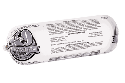 K-9 Kraving Duck & Vegetable Raw Dog Food packaging featuring ingredients and nutritional information.