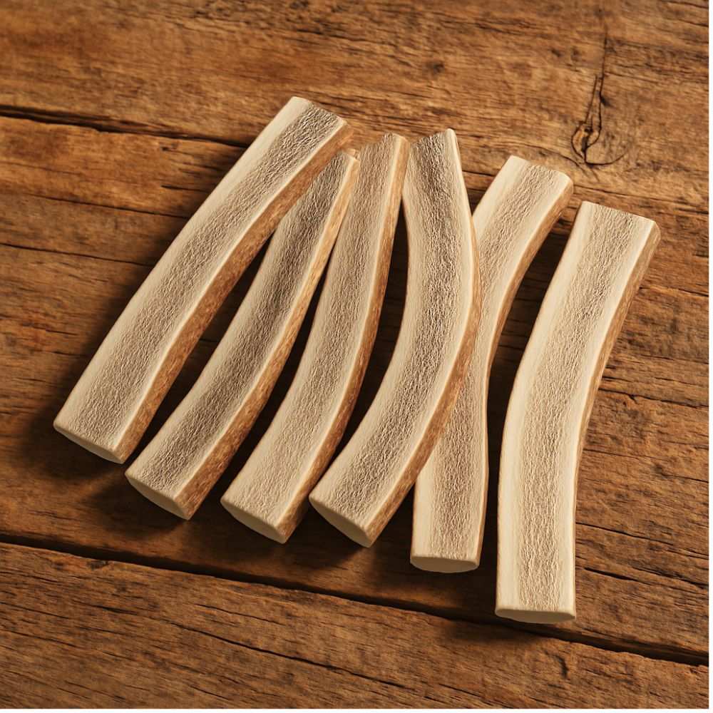 Natural elk antler dog chews on wooden surface long-lasting and durable