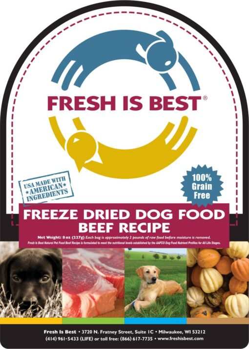 Freeze Dried Beef Dog Food packaging with images of beef and pumpkin, highlighting 100% grain-free and American ingredients.
