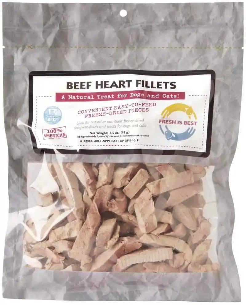 Freeze dried beef heart fillet treats for dogs and cats in resealable packaging.