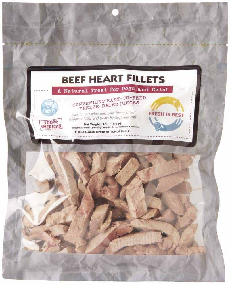 Freeze dried beef heart fillet treats in a resealable package for pets.