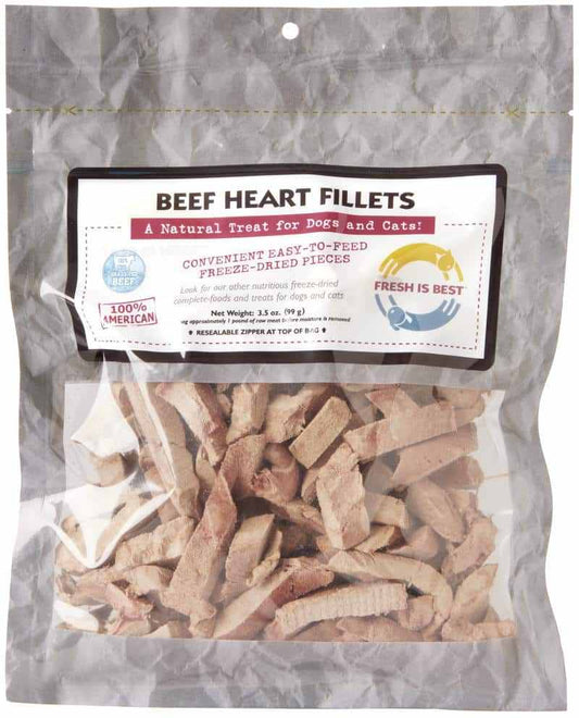 Freeze dried beef heart fillet treats in a resealable package for pets.