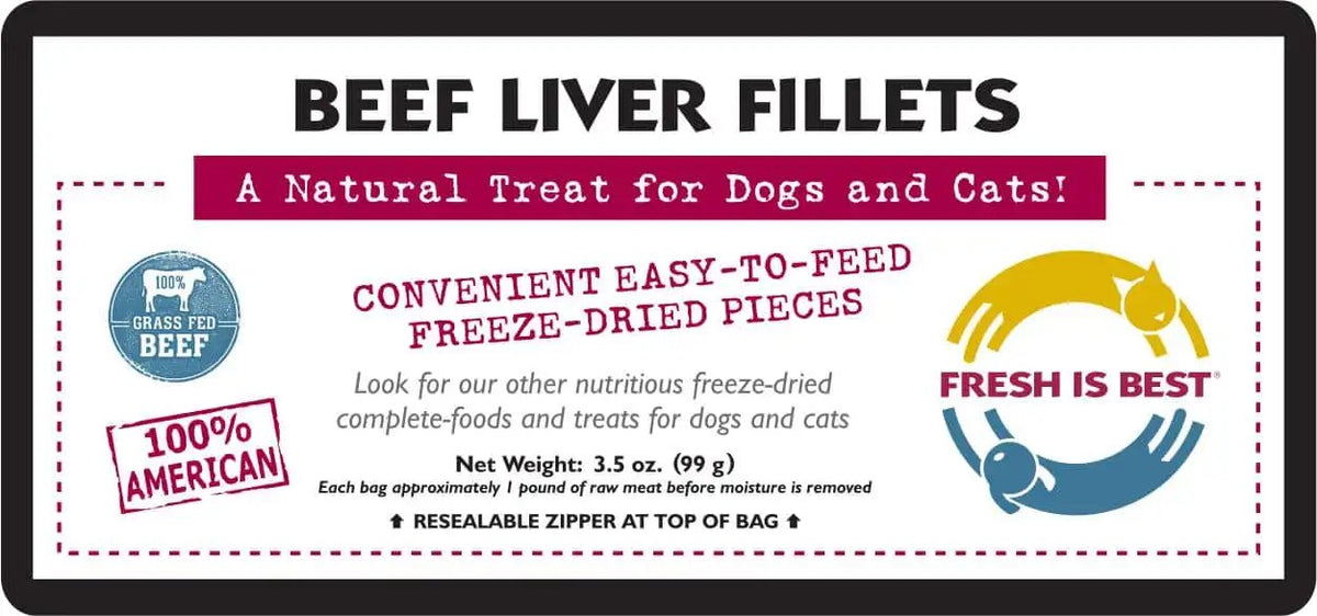 Freeze Dried Beef Liver Fillet Treats for dogs and cats, 100% American grass-fed, convenient freeze-dried pieces.