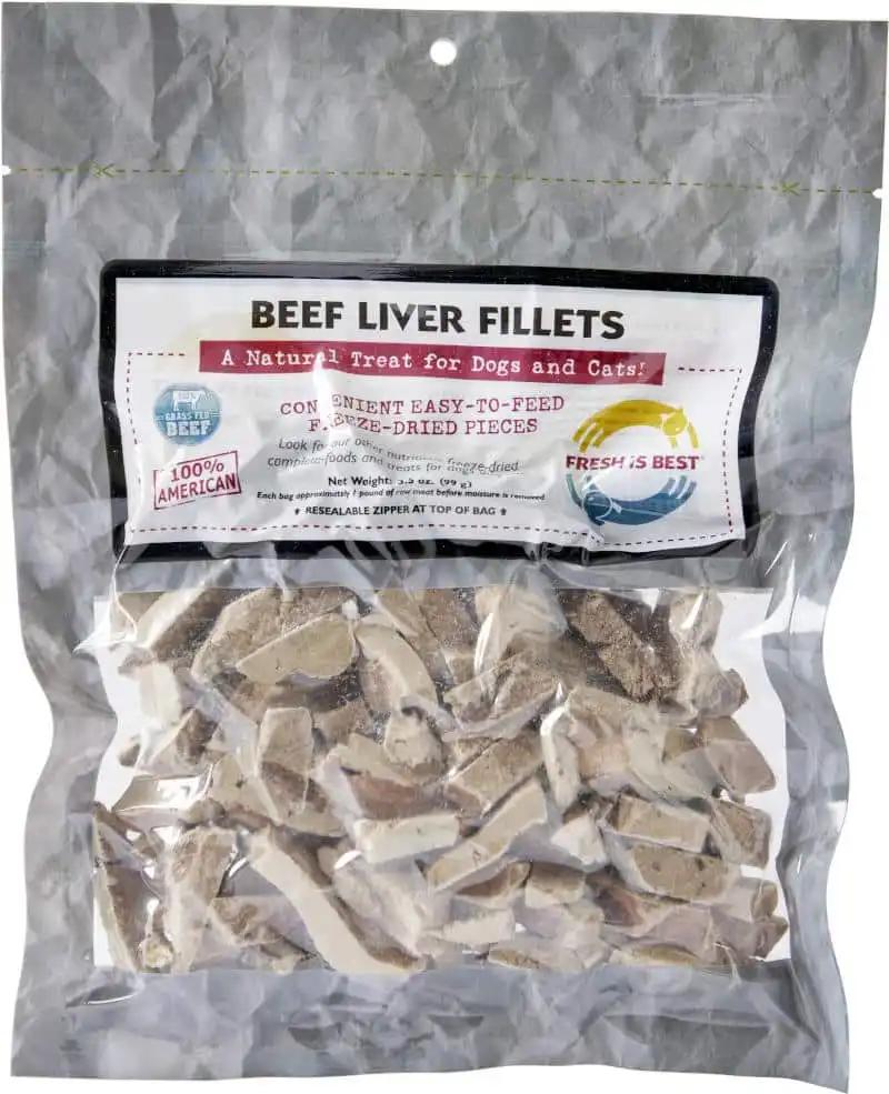 Freeze dried beef liver fillet treats for dogs and cats in resealable bag.