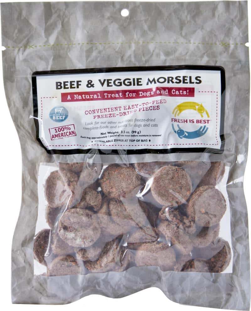Freeze dried beef and veggie morsels pet treats in a clear package.