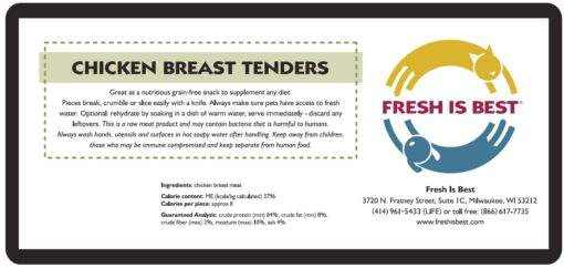Freeze Dried Chicken Breast Tenders packaging with nutritional details and Fresh Is Best logo.