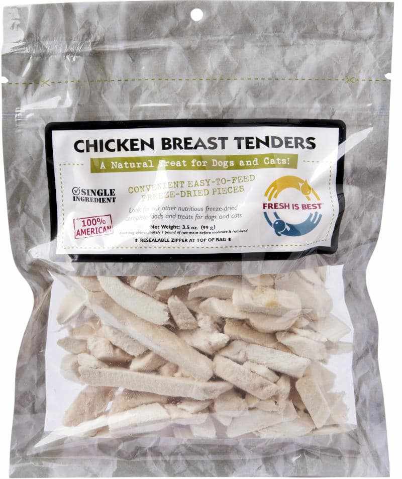 Freeze dried chicken breast tenders for pets in resealable bag.