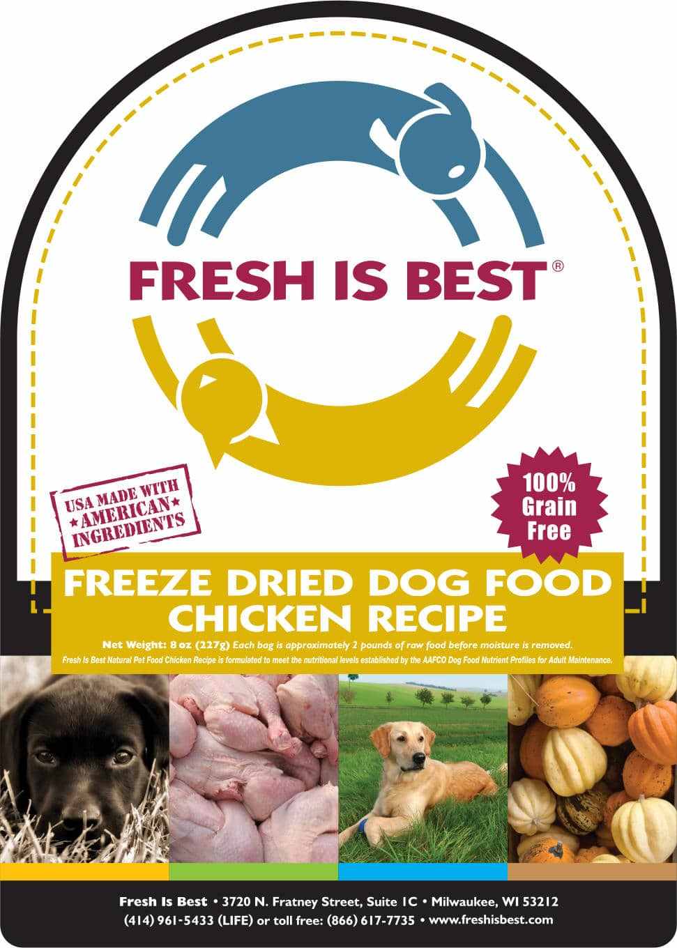 Freeze dried chicken dog food with images of fresh ingredients and pets on the packaging.
