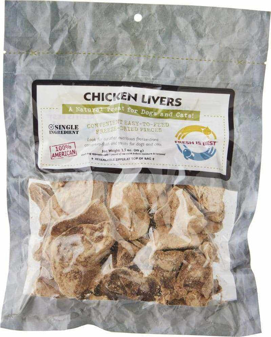 Freeze dried chicken livers in a resealable bag for pets.