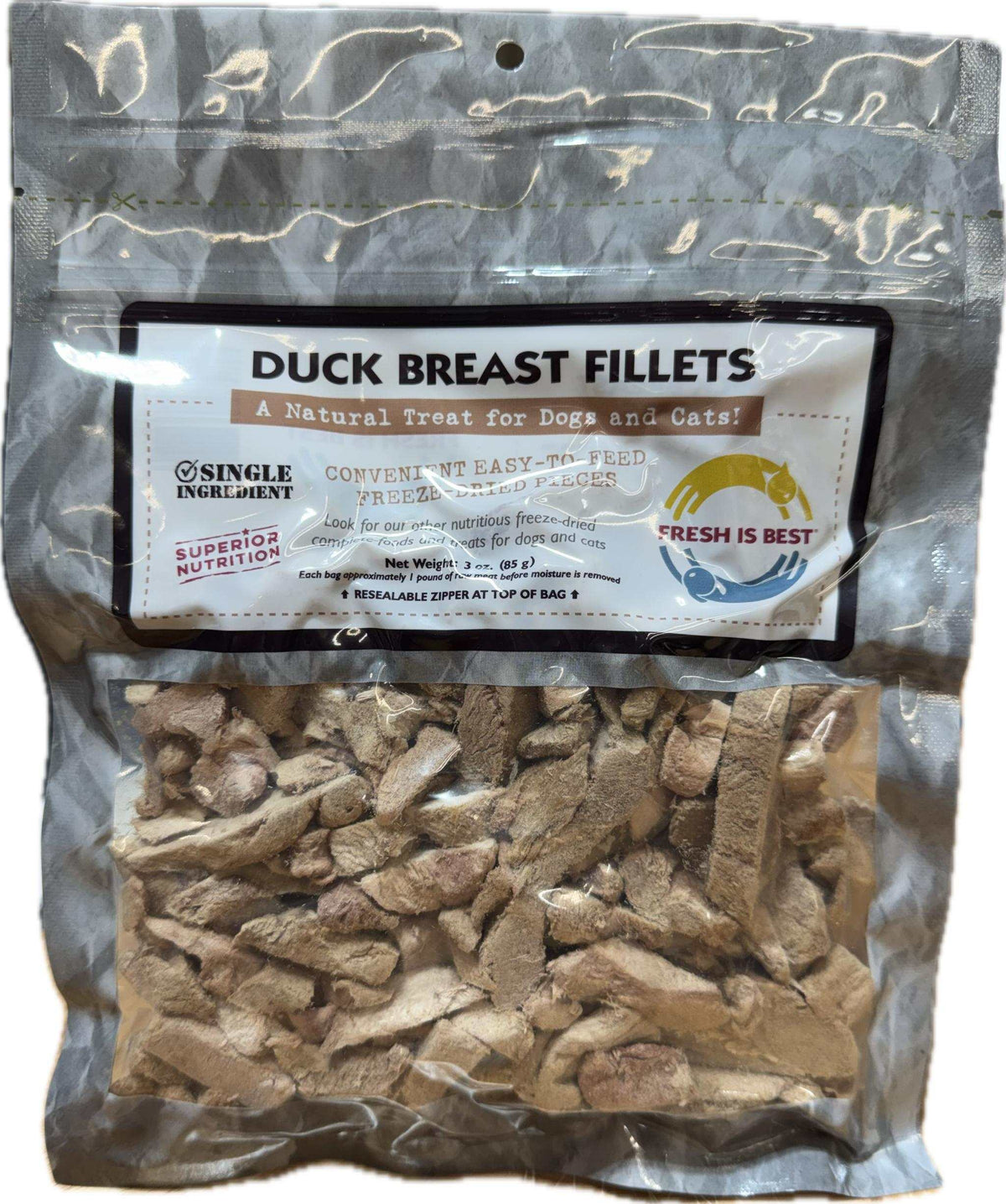 Freeze Dried Duck Breast Fillets in a silver resealable pouch, with visible beige-brown freeze-dried pieces.