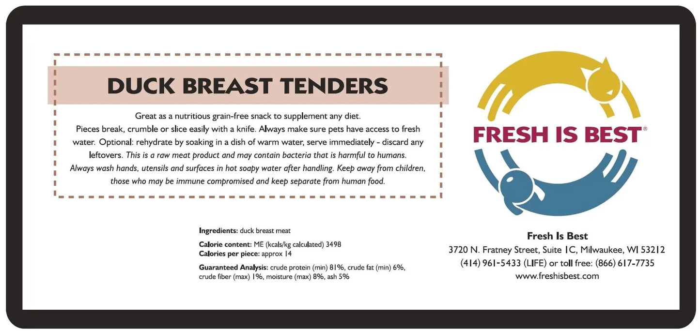 Freeze Dried Duck Breast Tenders label showcasing ingredients and nutritional information.
