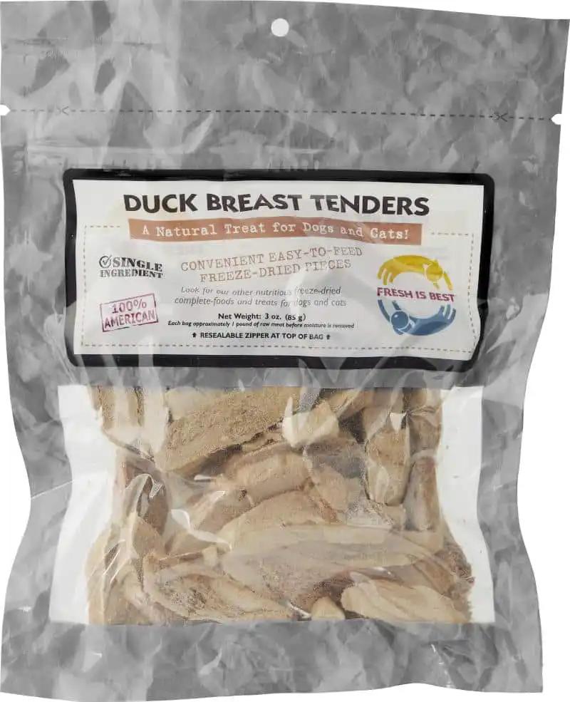 Freeze-dried duck breast tenders for dogs and cats in a resealable bag.