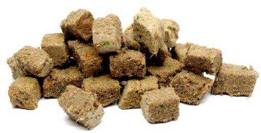 Freeze dried duck dog food cubes packed with nutrients.
