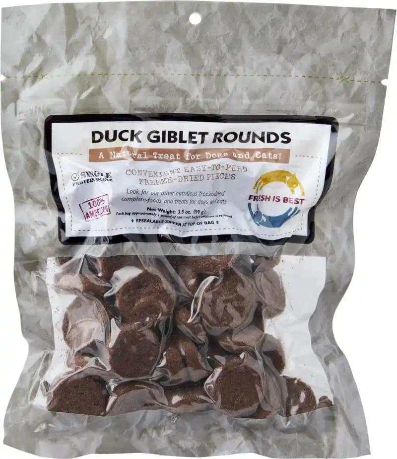 Freeze dried duck giblet treats for dogs and cats in sealed packaging.