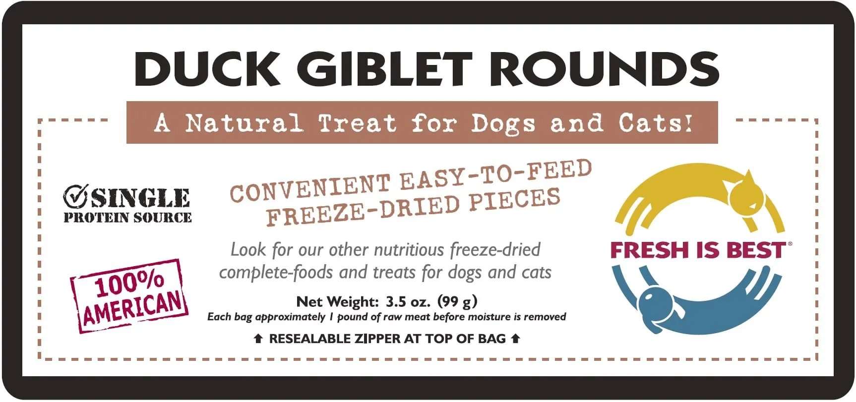 Freeze Dried Duck Giblet Treats packaging displaying natural pet treats for dogs and cats, single protein source, 100% American, convenient freeze-dried pieces, Fresh Is Best logo.