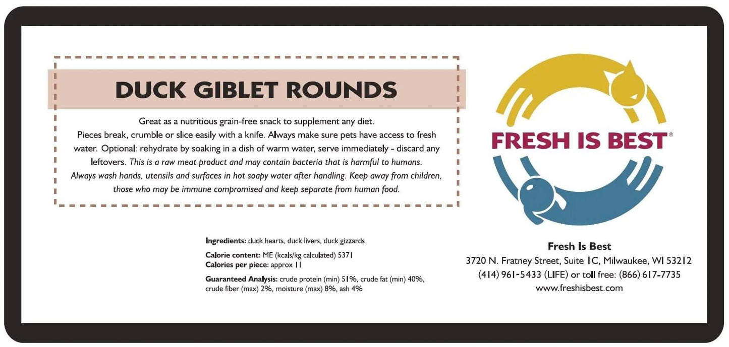 Freeze Dried Duck Giblet Treats package with nutritional details and Fresh Is Best brand logo.