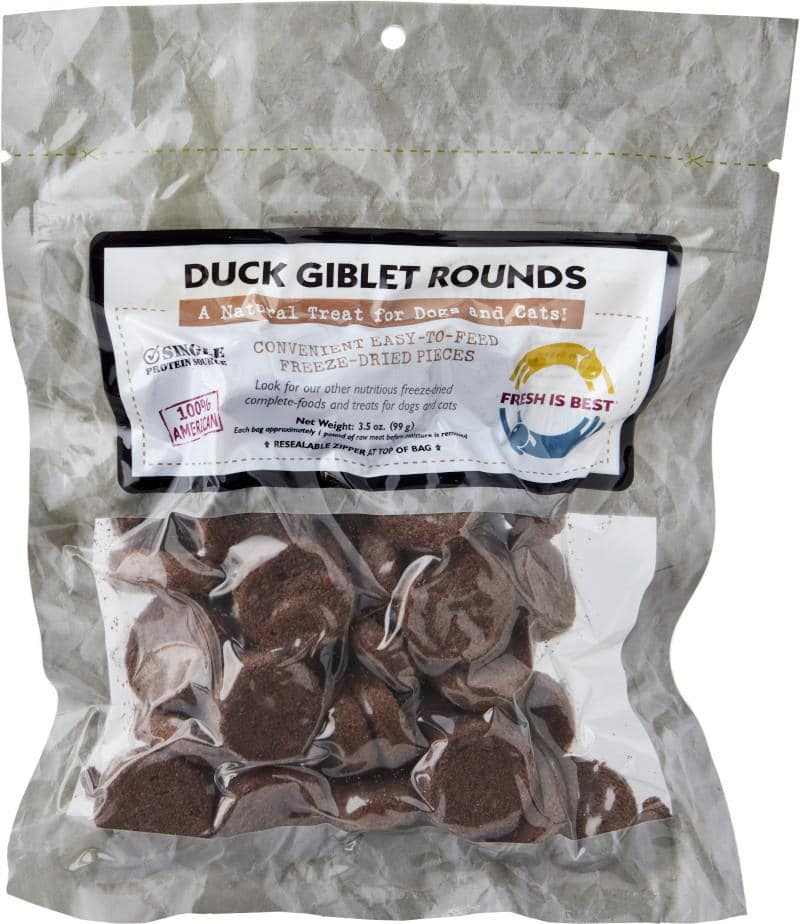 Freeze dried duck giblet treats in a resealable bag for pets.