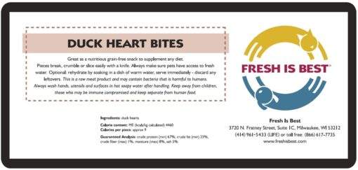 Freeze Dried Duck Heart Bites packaging label with product details and nutrition information from Fresh Is Best.