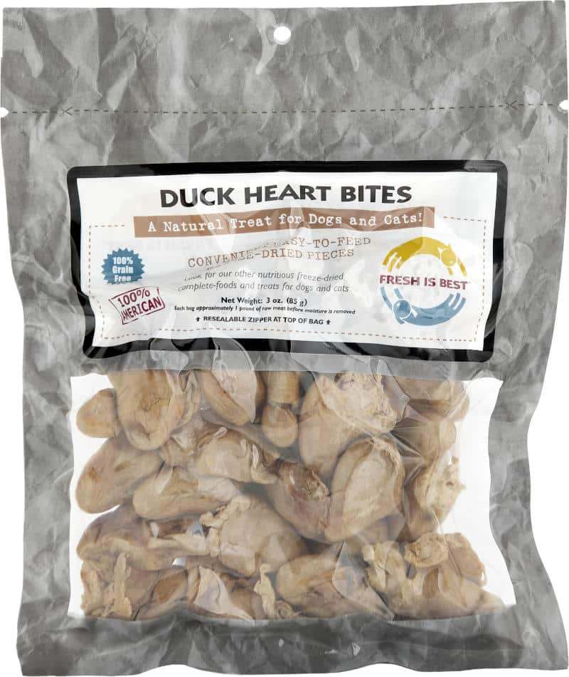 Freeze Dried Duck Heart Bites in a resealable package for pets.