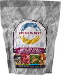 Vacuum-sealed silver bag of Fresh Is Best dog food with a label showing illustrations of blue and yellow dogs, labeled Freeze Dried Turkey Dog Food but specifying elk recipe.