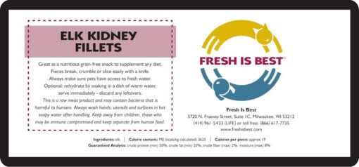 Freeze Dried Elk Kidney Fillets packaging for nutrient-rich dog and cat treats from Fresh Is Best®.
