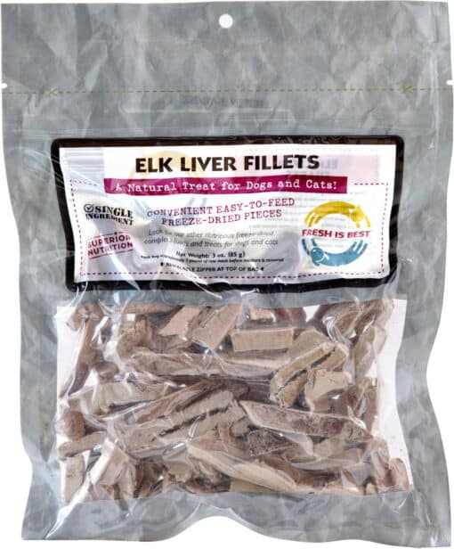 Freeze dried elk liver fillets for dogs and cats in resealable package.