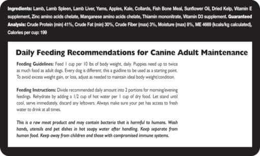 Freeze dried lamb dog food ingredients and feeding recommendations.
