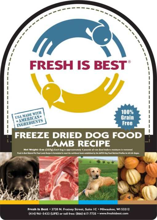 Freeze Dried Lamb Dog Food package with images of lamb and vegetables.