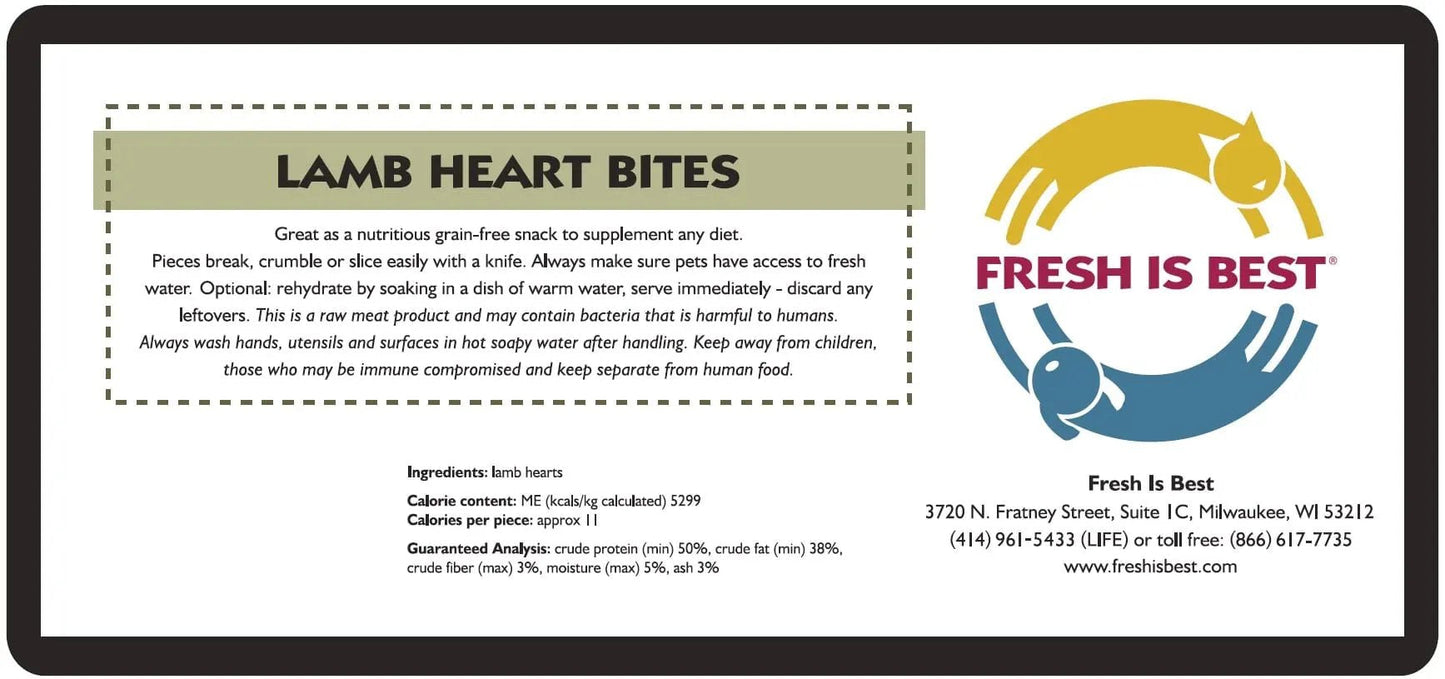 Freeze dried lamb heart bites packaging with nutritional information and brand logo.