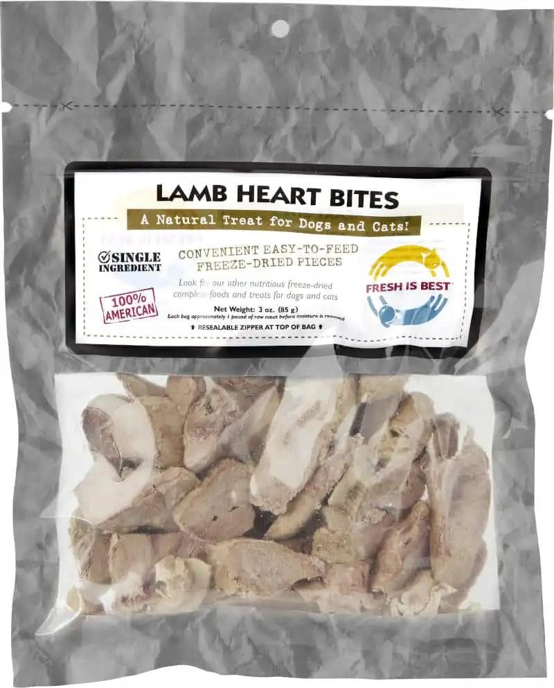 Freeze dried lamb heart bites in resealable bag for pets.