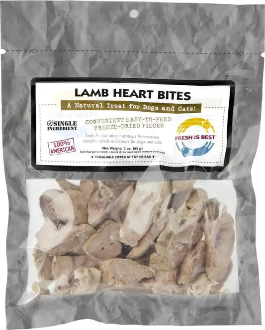 Freeze dried lamb heart bites in resealable bag for pets.