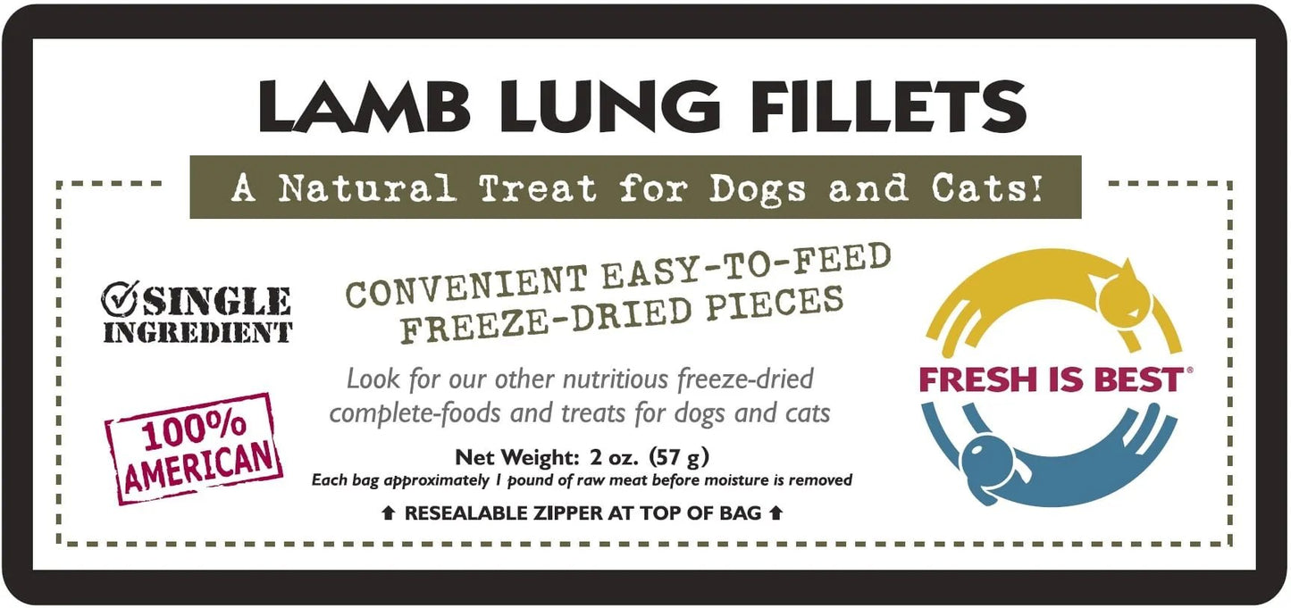 Freeze Dried Lamb Lung Fillets packaging, highlighting natural ingredients and easy-to-feed freeze-dried pieces for pets.