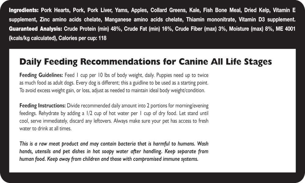 Freeze dried pork dog food ingredients and feeding guidelines label.