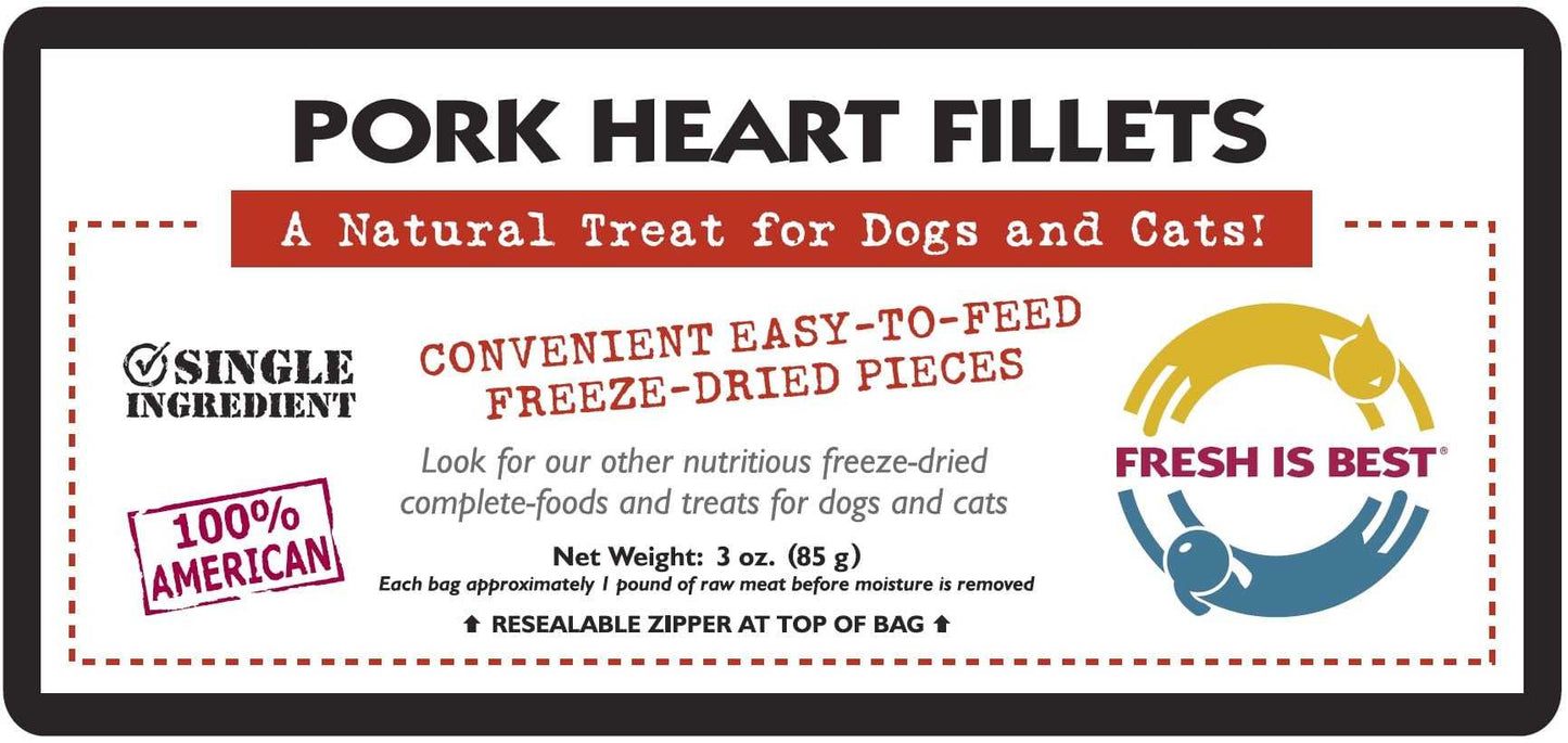 Convenient freeze-dried pork heart fillets for dogs and cats, single ingredient, 100% American, 3 oz package.
