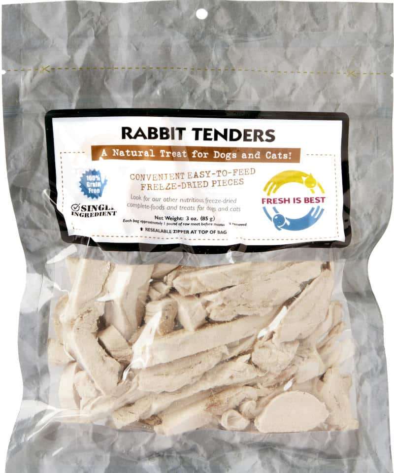 Freeze dried rabbit tenders for dogs and cats in resealable bag.