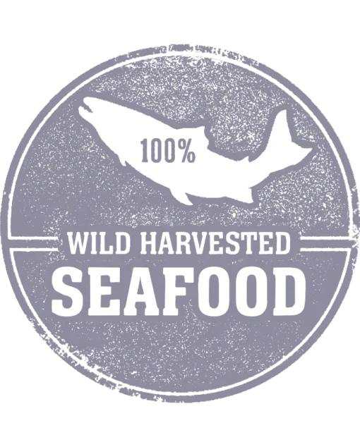 Freeze Dried Silverside Minnows in a distressed gray circular badge with a white fish silhouette and “Wild Harvested Seafood” text.