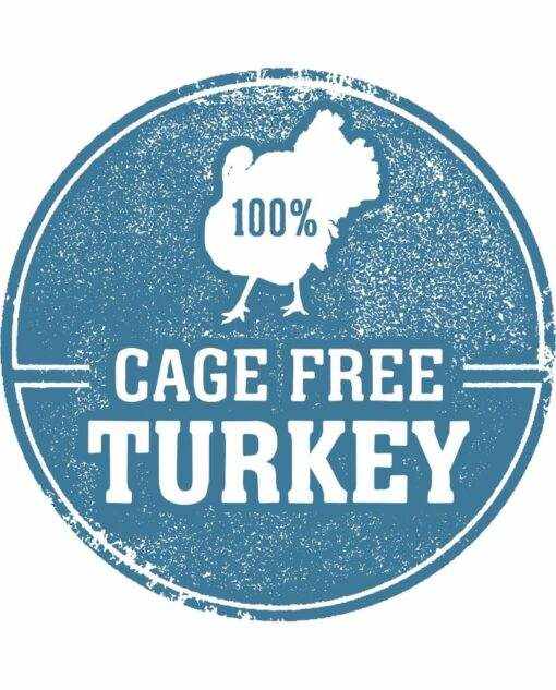 100% cage-free turkey emblem for freeze dried turkey heart fillets.