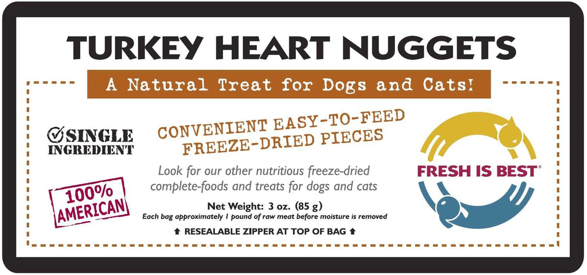 "Freeze Dried Turkey Heart Nuggets for dogs and cats, single ingredient, 100% American, convenient, easy-to-feed, natural pet treat packaging."