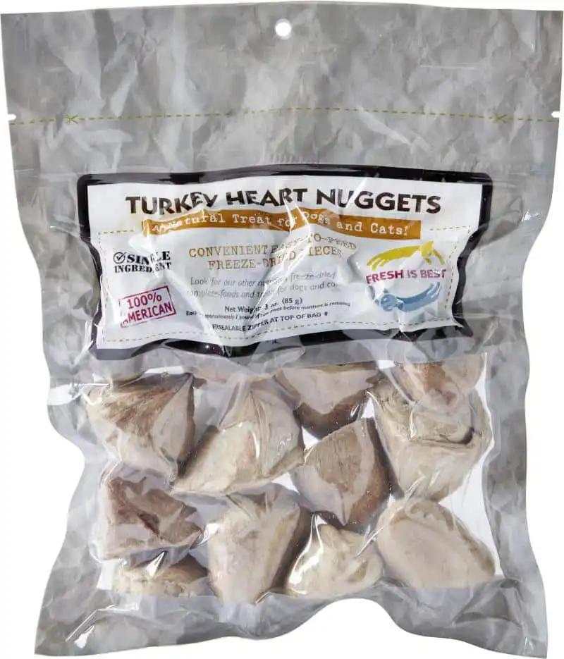 Freeze dried turkey heart nuggets for pets in a resealable bag.