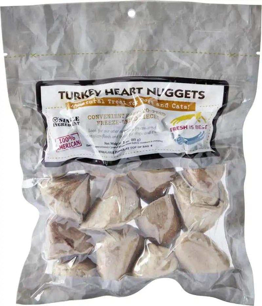 Freeze dried turkey heart nuggets for pets in a resealable bag.