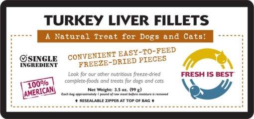 Freeze dried turkey liver fillets for pets, single ingredient, 100% American, convenient pieces.