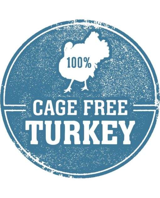Cage free turkey emblem for freeze dried turkey liver fillets.