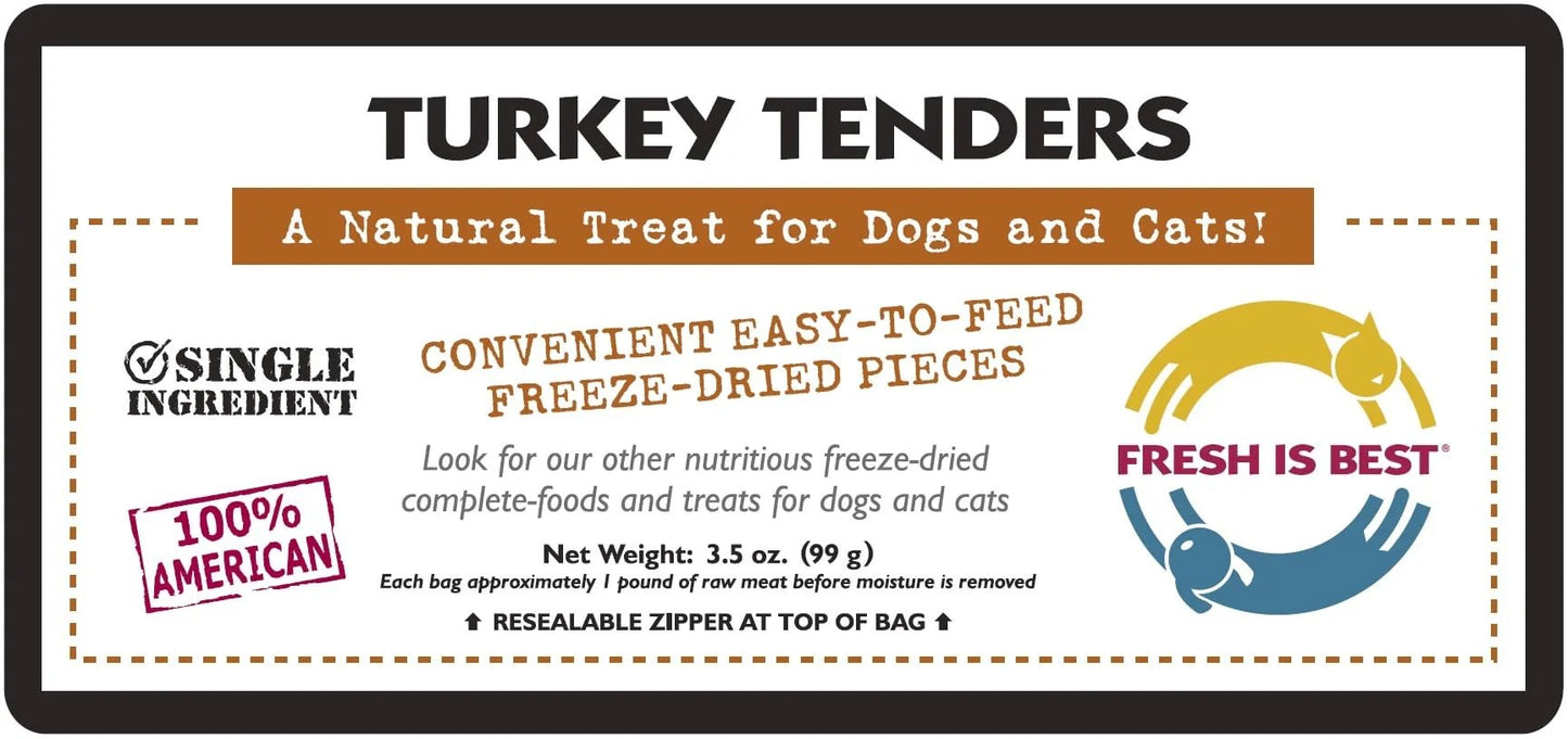 Freeze dried turkey tenders, natural treat for dogs and cats, single ingredient, 100% American-made, resealable packaging.