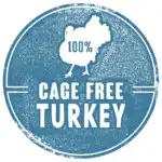 Freeze Dried Turkey Tenders, blue circular badge with white turkey silhouette and “100% cage free” text.