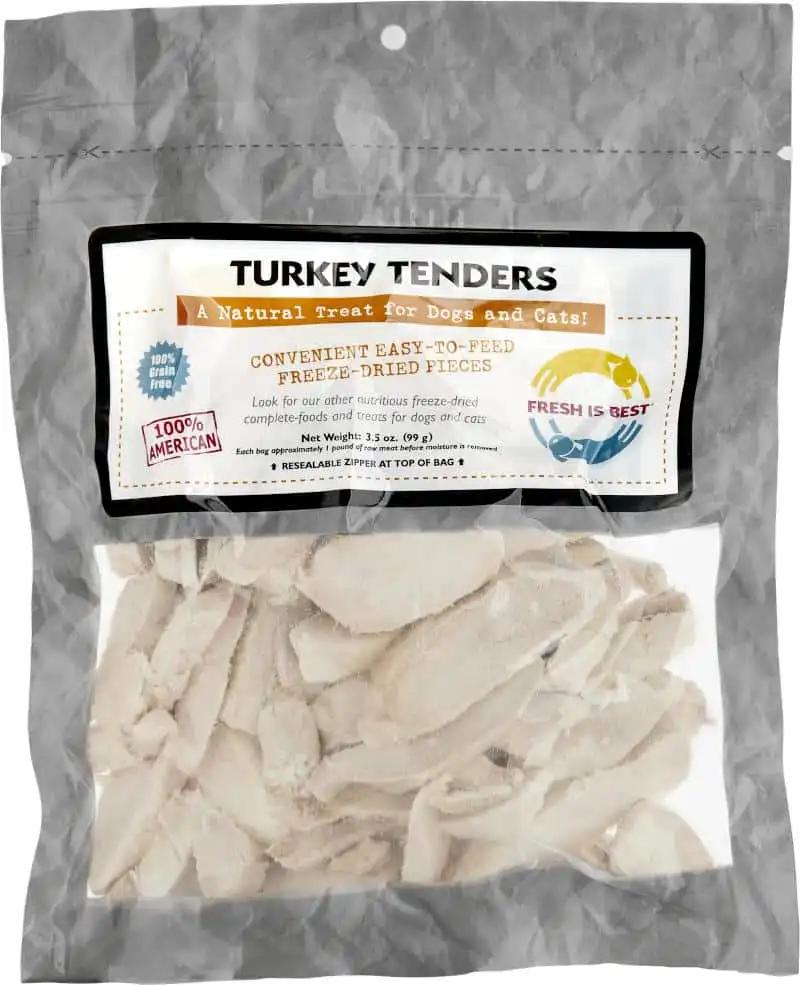 Freeze dried turkey tenders for dogs and cats in resealable bag.