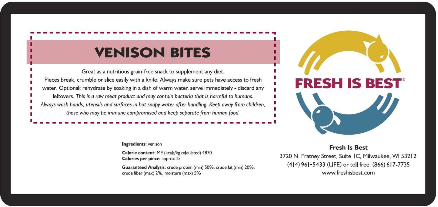 Freeze Dried Venison Bites packaging with ingredient and nutritional information.