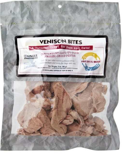 Freeze dried venison bites for dogs and cats in resealable bag.