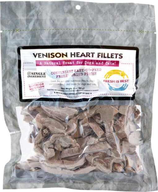 Freeze-dried venison heart fillets for dogs and cats, nutrient-rich and single-ingredient treat.