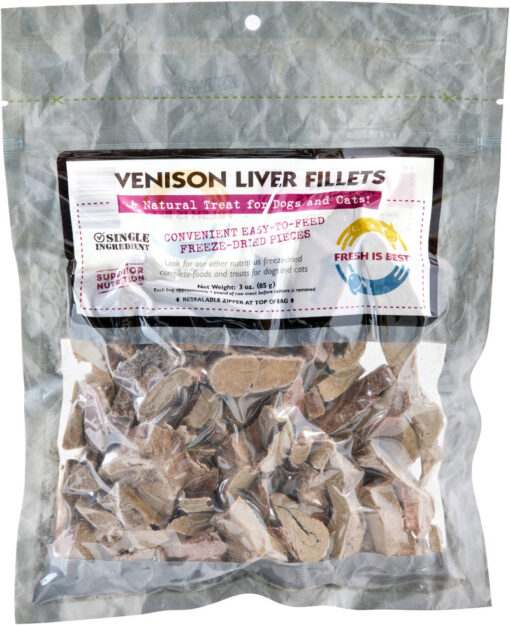 Freeze dried venison liver fillets in clear packaging for pets.